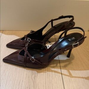 Zara Women's Buckle Strap Burgundy Heels